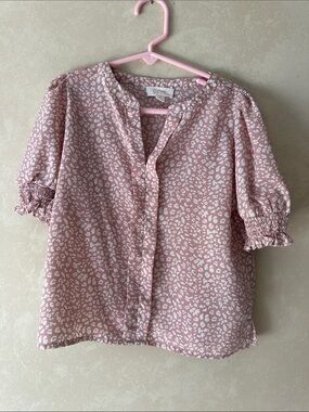 ODDY Dusty Pink White Print Short Puff Sleeve Button-Front Blouse